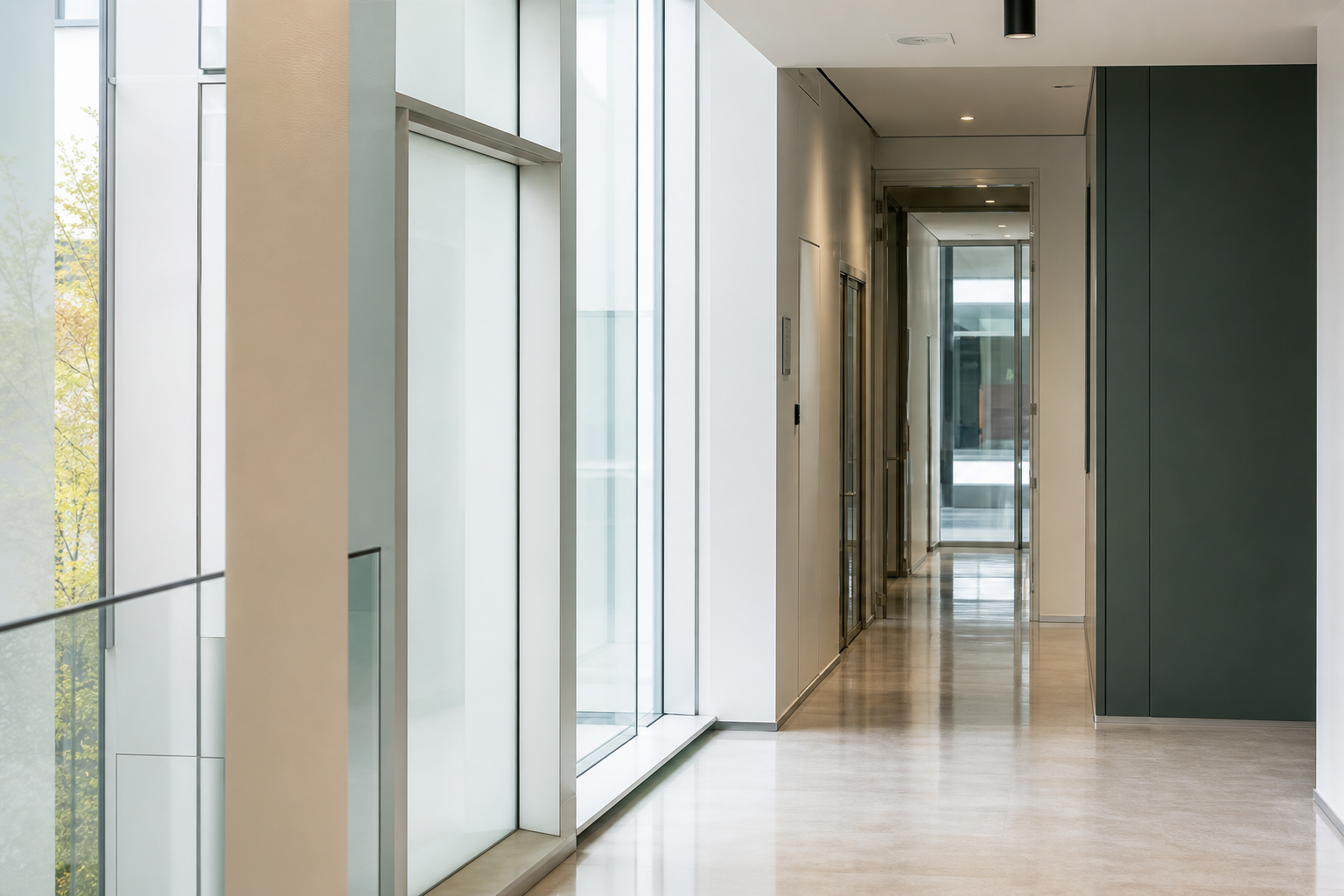 Moderne pharmazeutische Architektur – heller Korridor mit Glas und präziser Lichtführung