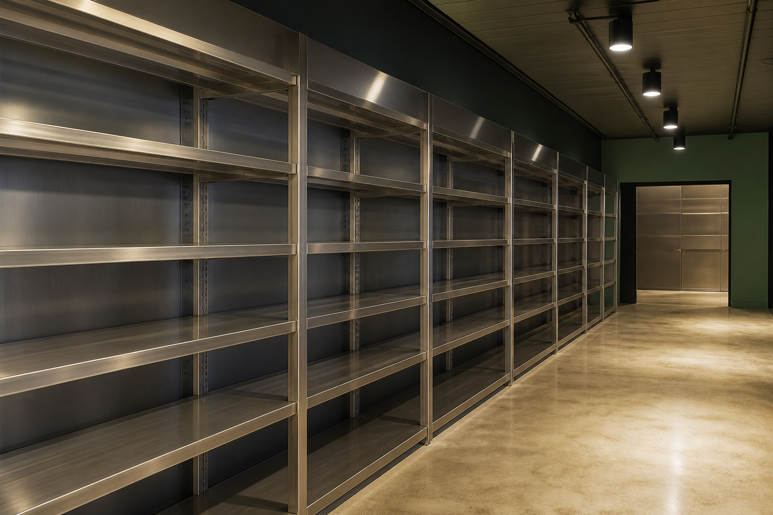 Hochwertige pharmazeutische Logistik – Edelstahlregale in ruhigem Licht